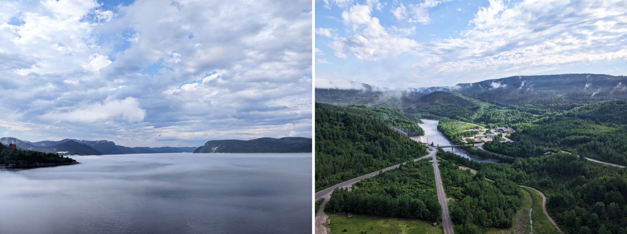 on the left, a pristine reservoir, on the right, a valley with roads and powerlines