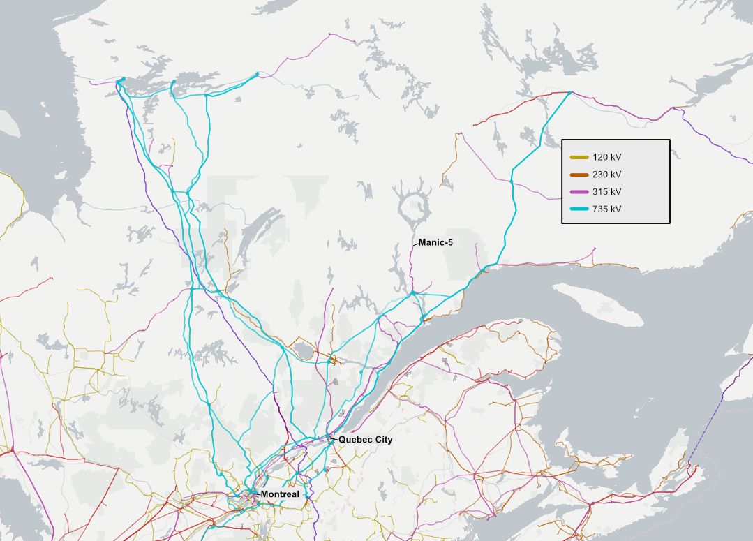 a map of the extensive very high voltage transmission network